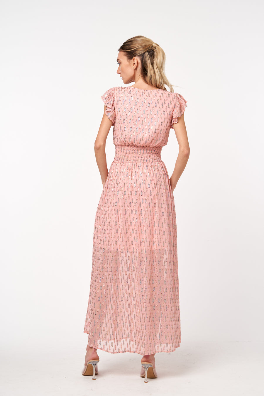 Jennsen Ruched Flutter Sleeve Maxi Dress