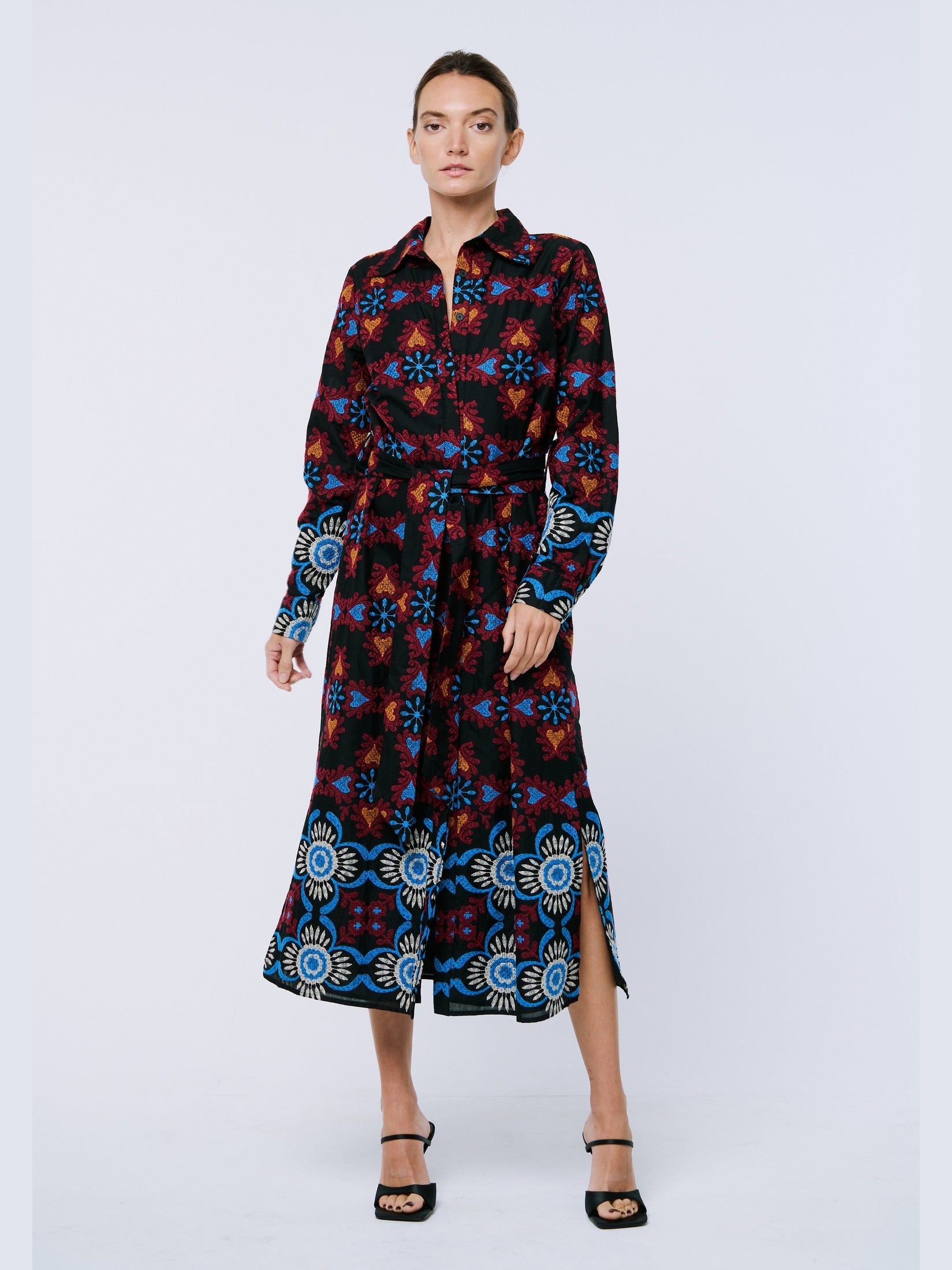 Serena Embroidered Long Sleeve Maxi Shirt Dress