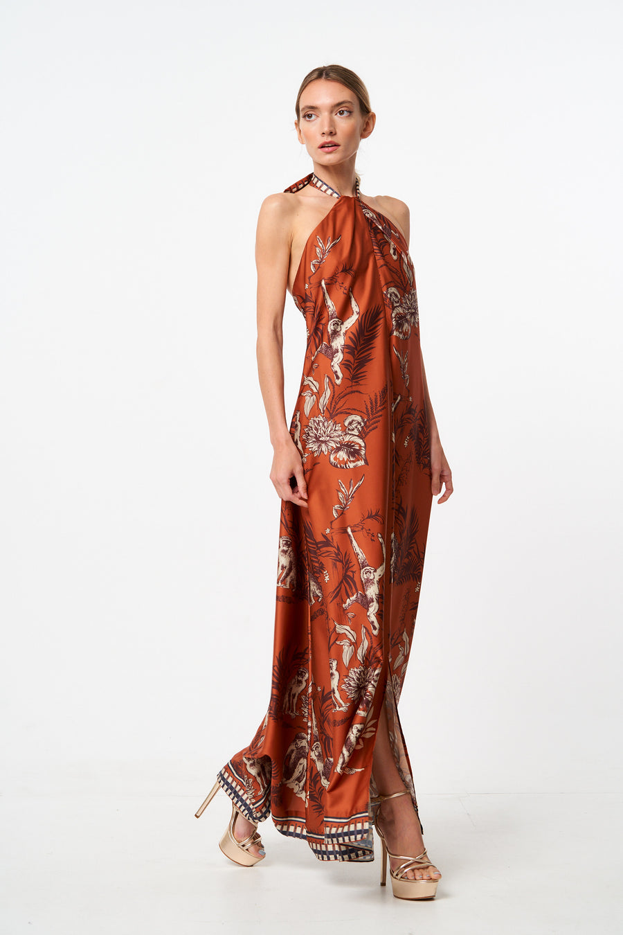 Courtney Animal Print Halter Neck Satin Maxi Dress