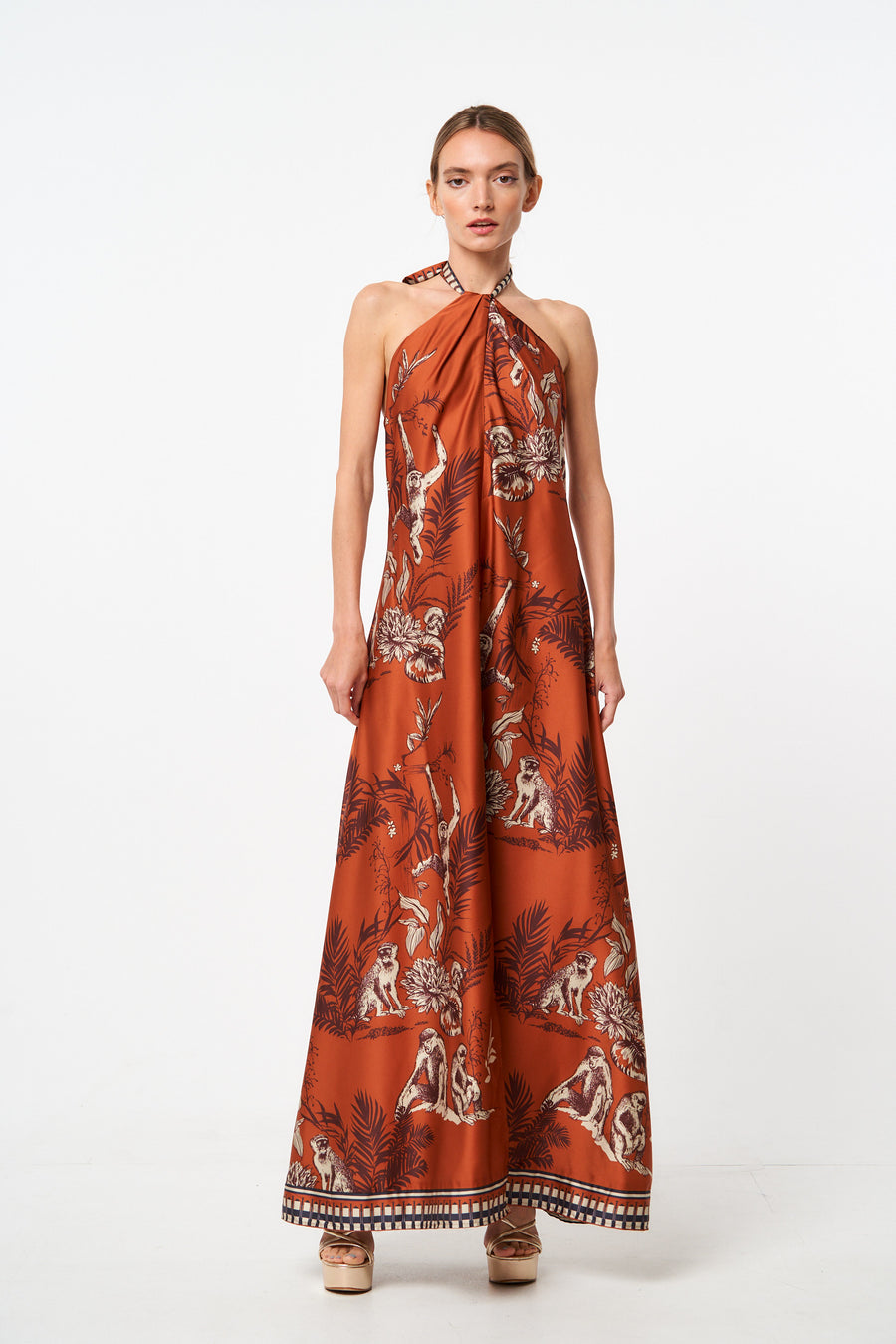 Courtney Animal Print Halter Neck Satin Maxi Dress