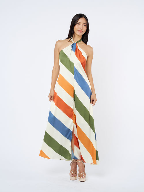 Cargar la imagen 1 en la vista de la galería. Jayla Striped Satin Halter Neck Maxi Dress