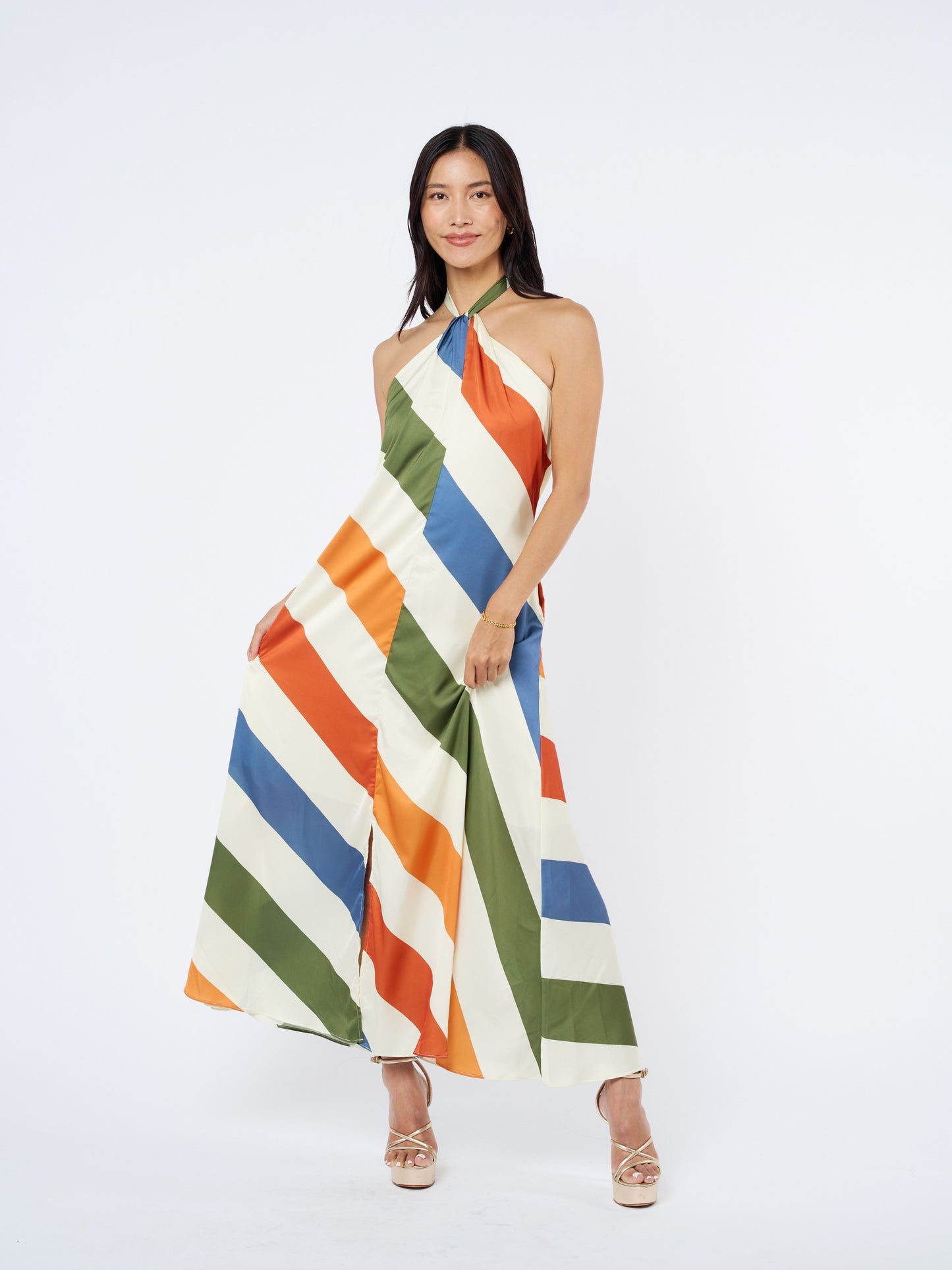 Jayla Striped Satin Halter Neck Maxi Dress