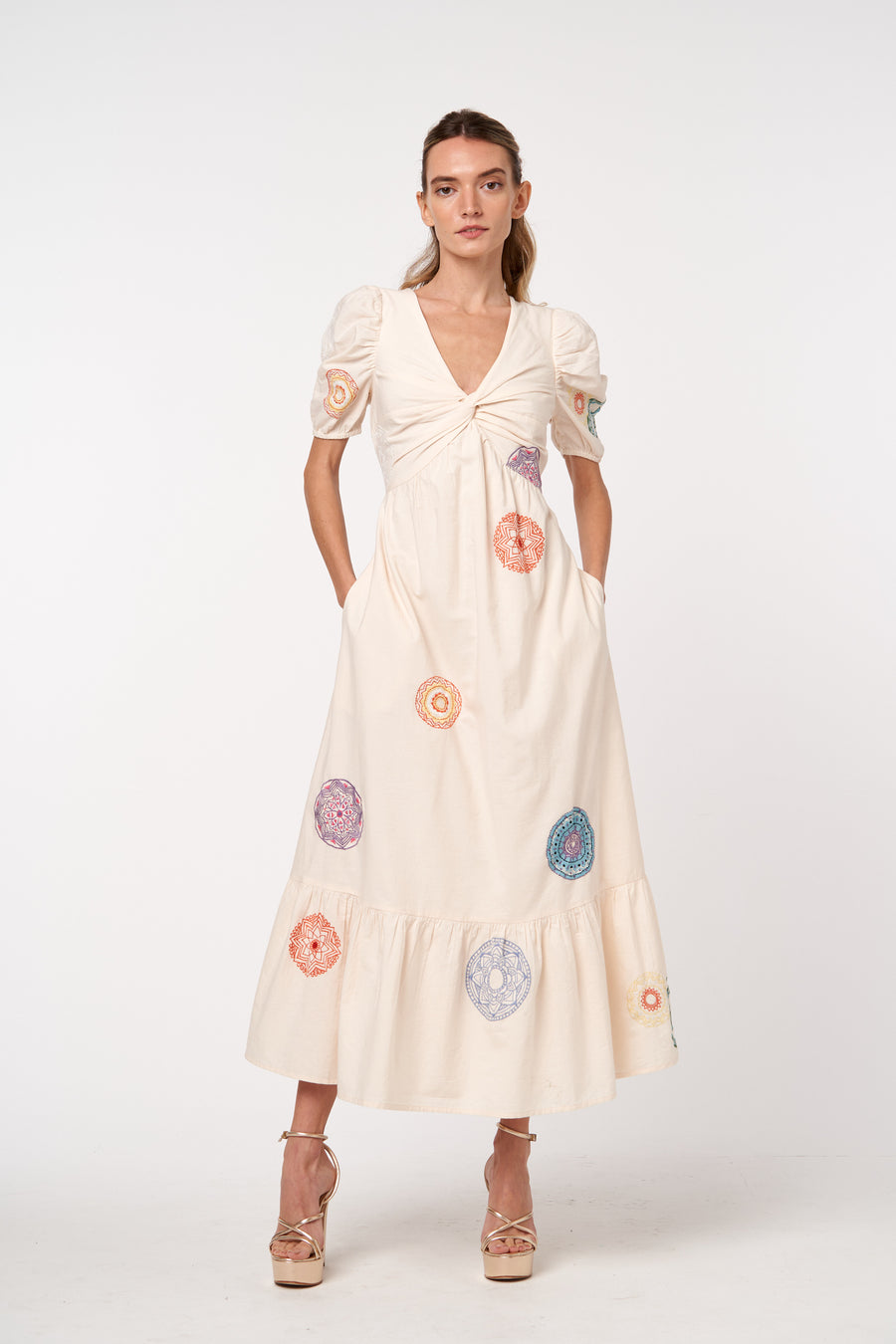 Alicia Embroidered Medallion Twist Front Midi Dress