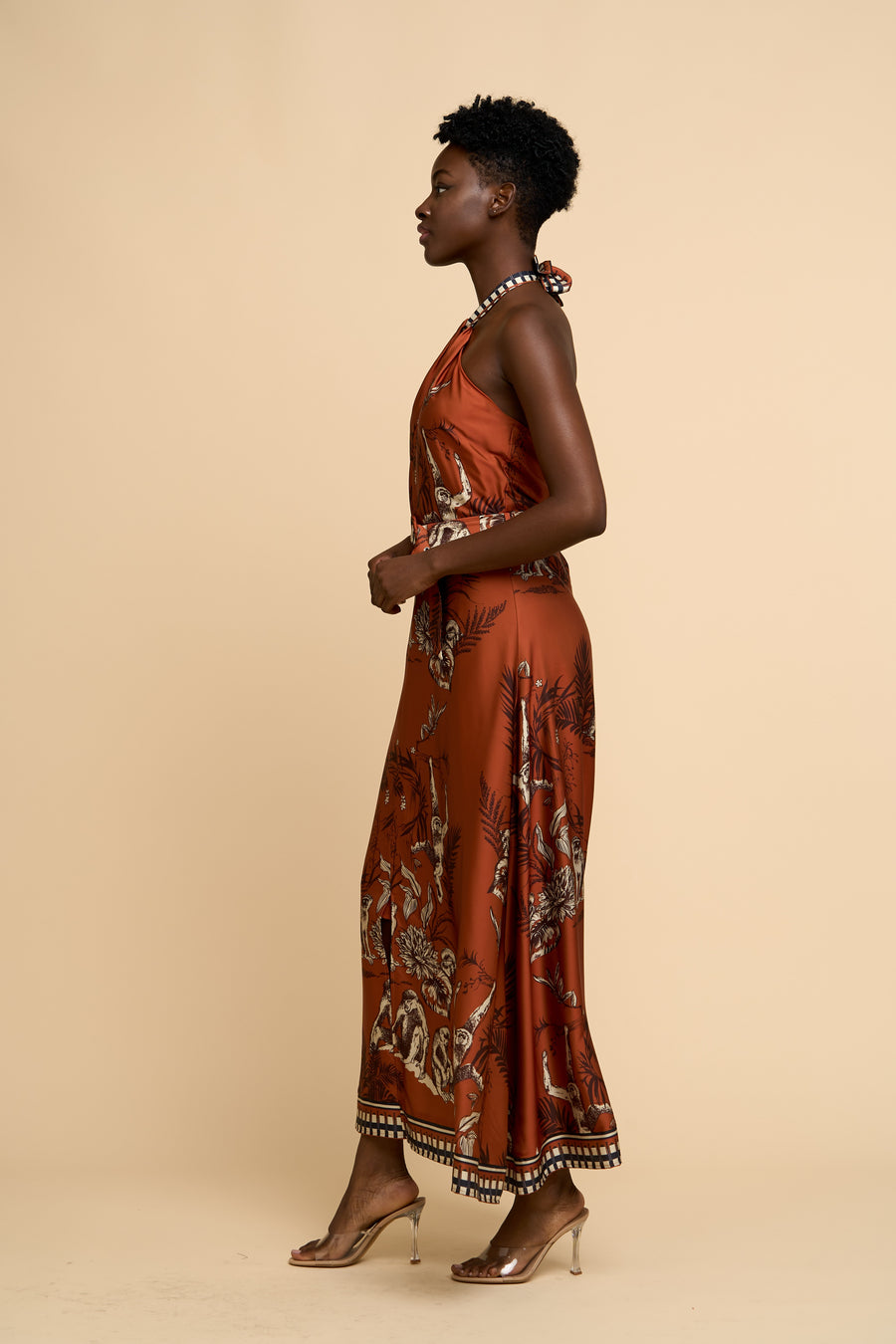 Courtney Animal Print Halter Neck Satin Maxi Dress