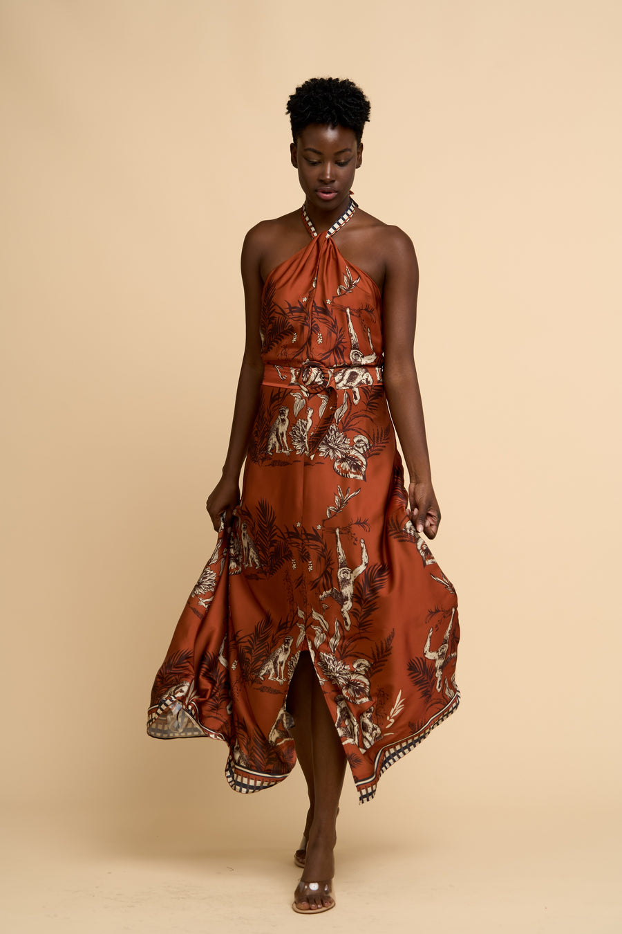 Courtney Animal Print Halter Neck Satin Maxi Dress