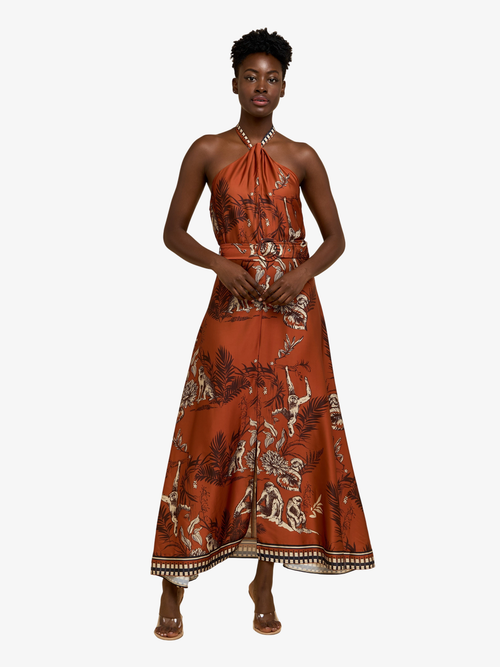 Load image 1 in gallery view. Courtney Animal Print Halter Neck Satin Maxi Dress