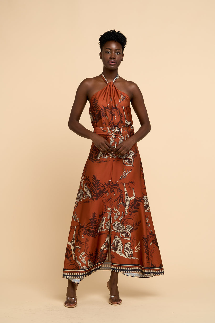 Courtney Animal Print Halter Neck Satin Maxi Dress