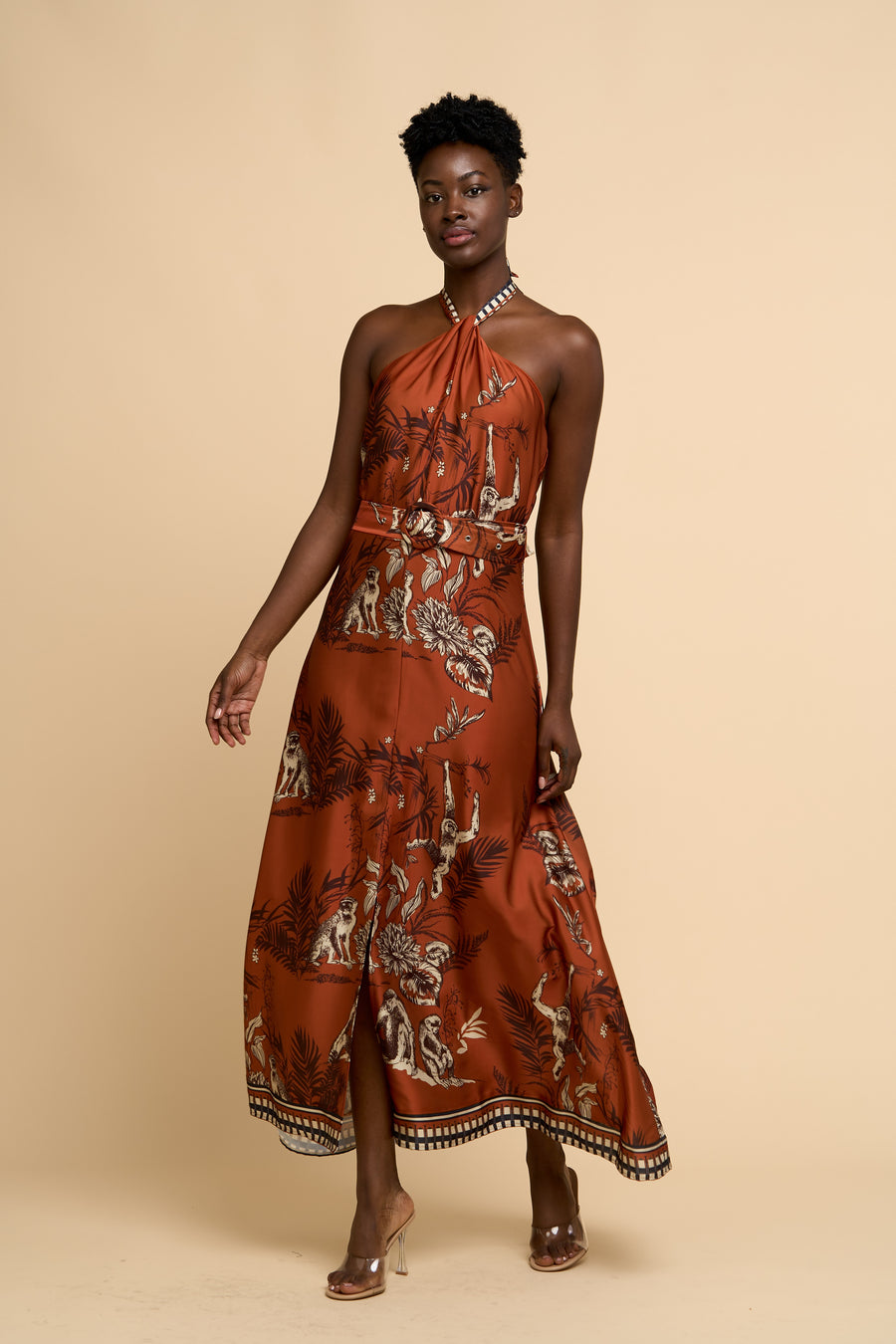 Courtney Animal Print Halter Neck Satin Maxi Dress