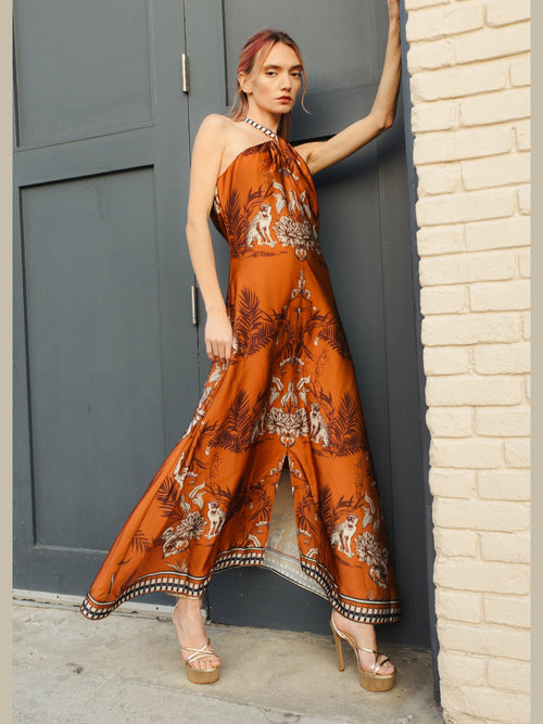 Load image 1 in gallery view. Courtney Animal Print Halter Neck Satin Maxi Dress