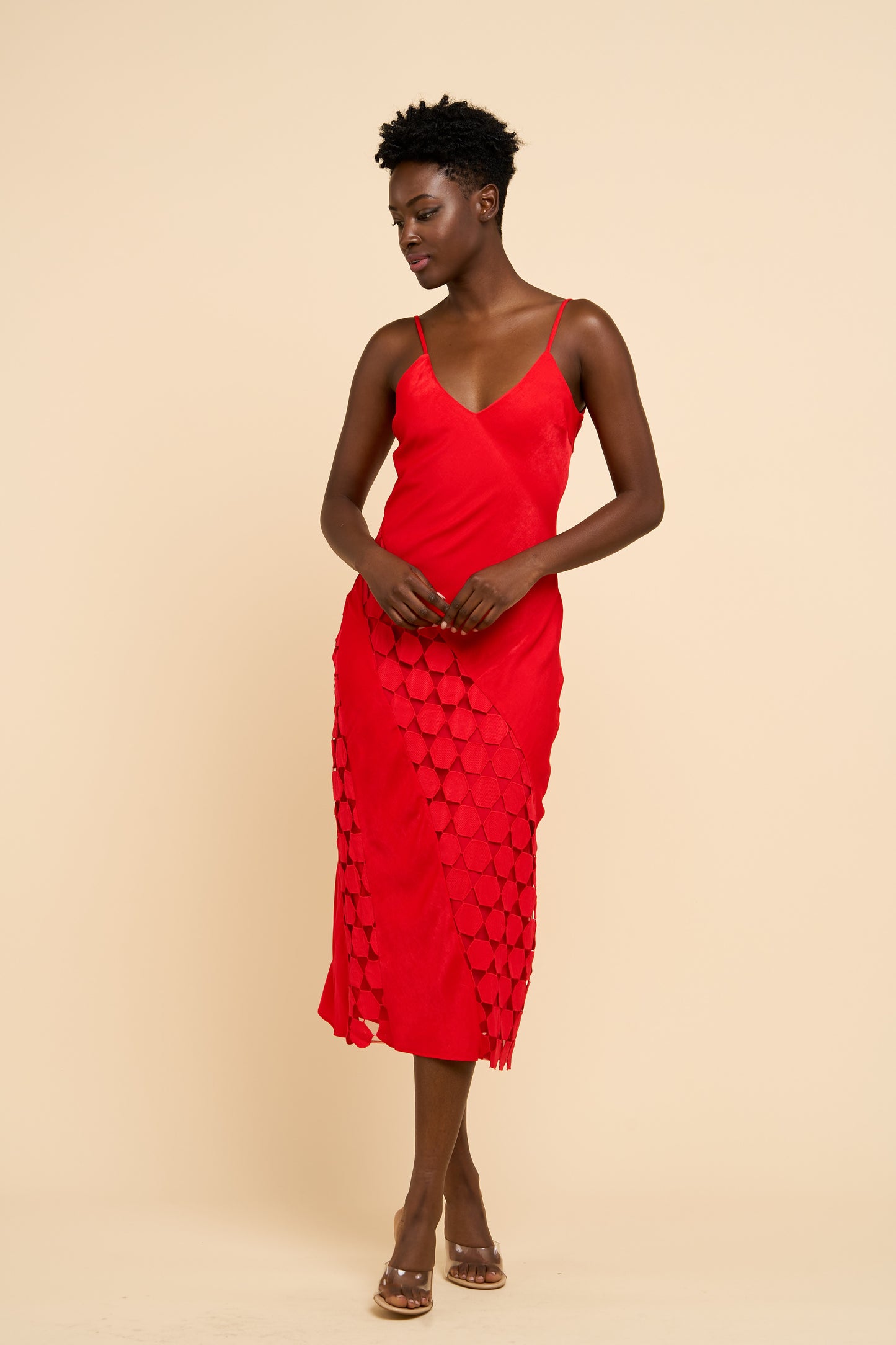Alix Crochet Satin Midi Dress