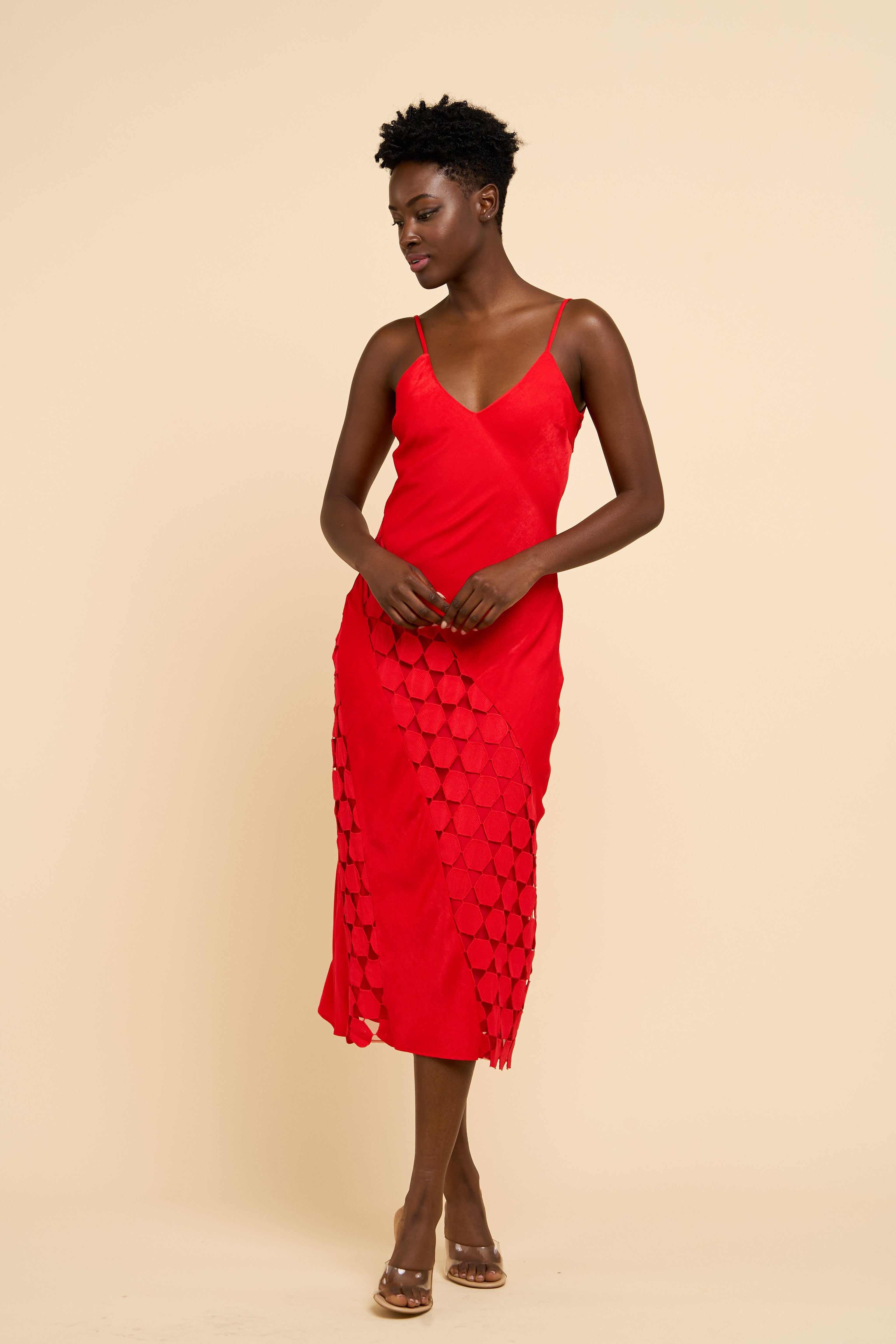 Alix Crochet Satin Midi Dress