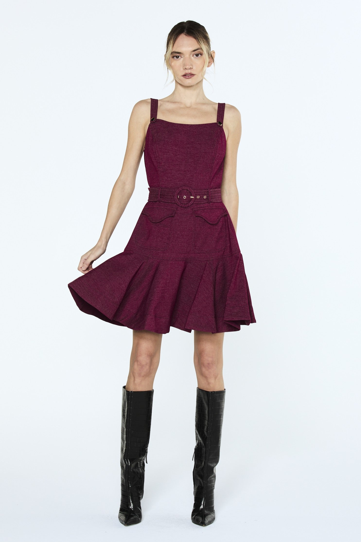 Alivia Topstitched	Belted Mini Dress