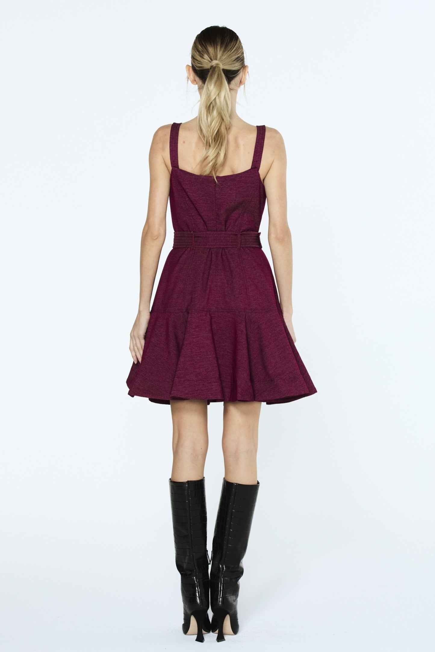 Alivia Topstitched	Belted Mini Dress