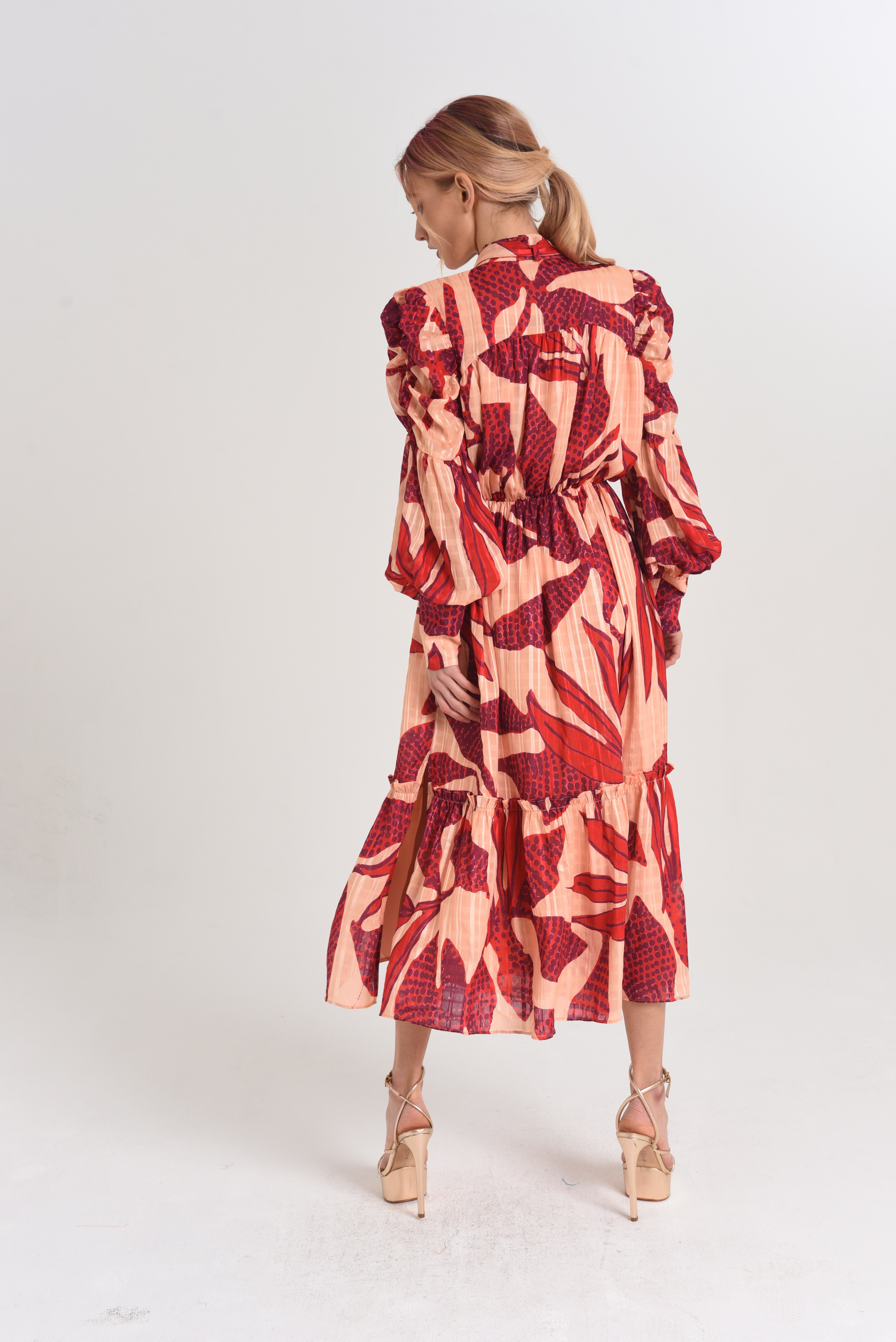 Carla Printed Floral Ruched Sleeve Midi Dress