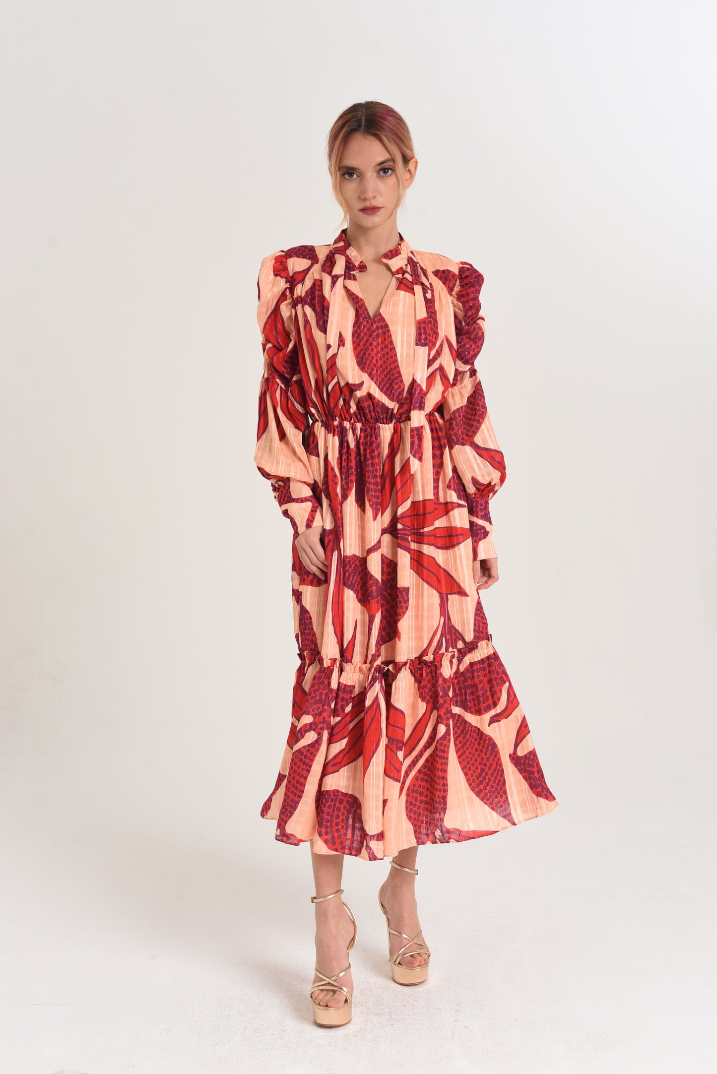 Carla Printed Floral Ruched Sleeve Midi Dress