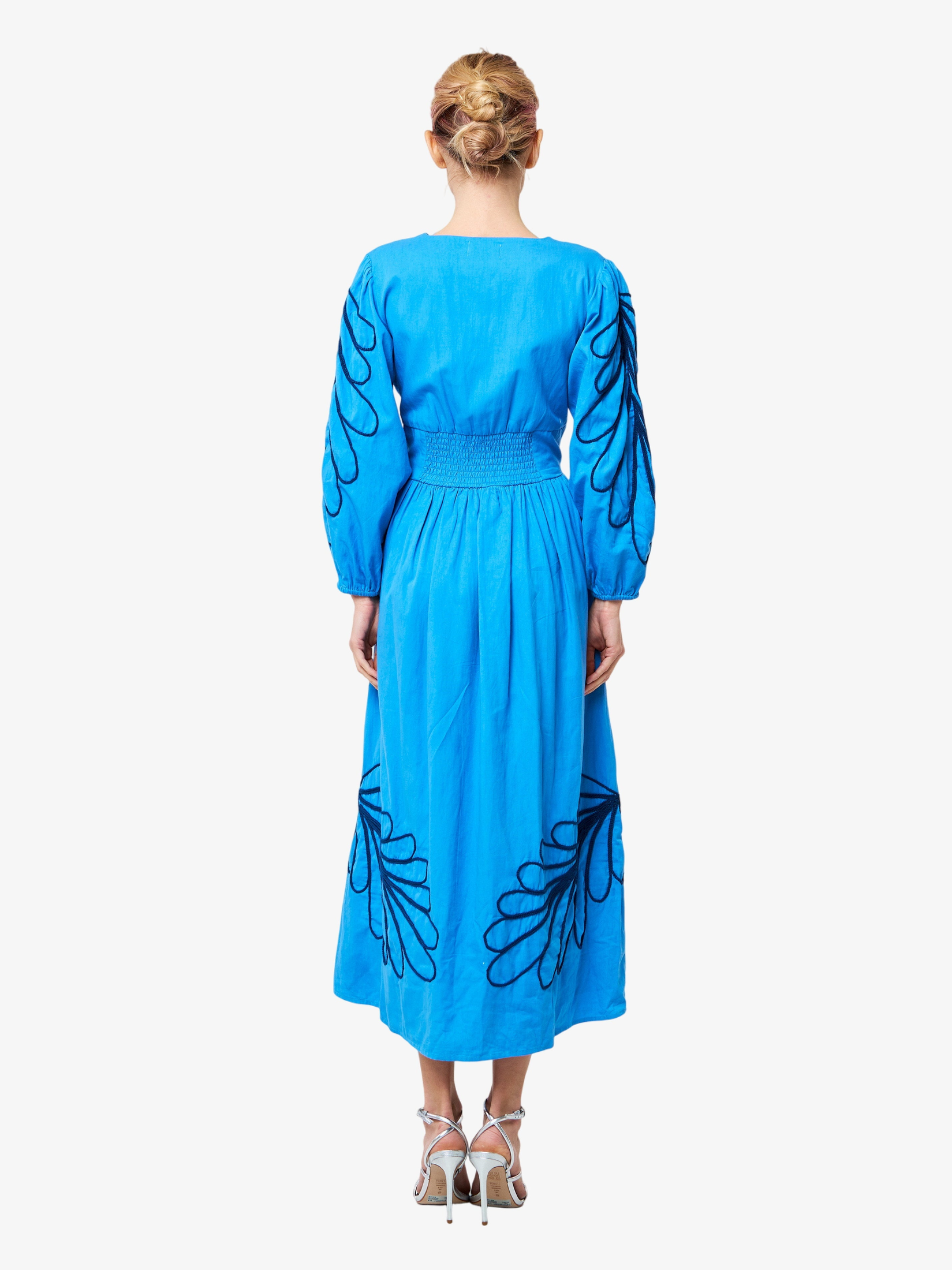 Oyena Embroidered Long Sleeve Midi Dress