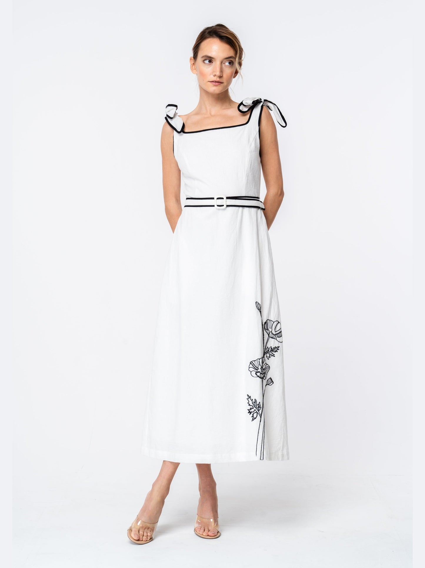 Paola Embroidered Shoulder Tie Midi Dress