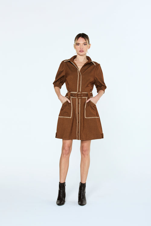 Cargar la imagen 1 en la vista de la galería. Gelso Whipstitch Detail Mini Shirt Dress