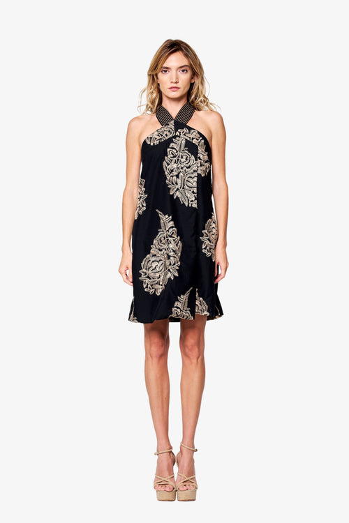 Load image 1 in gallery view. Varella Leaf Embroidered Halter Mini Dress