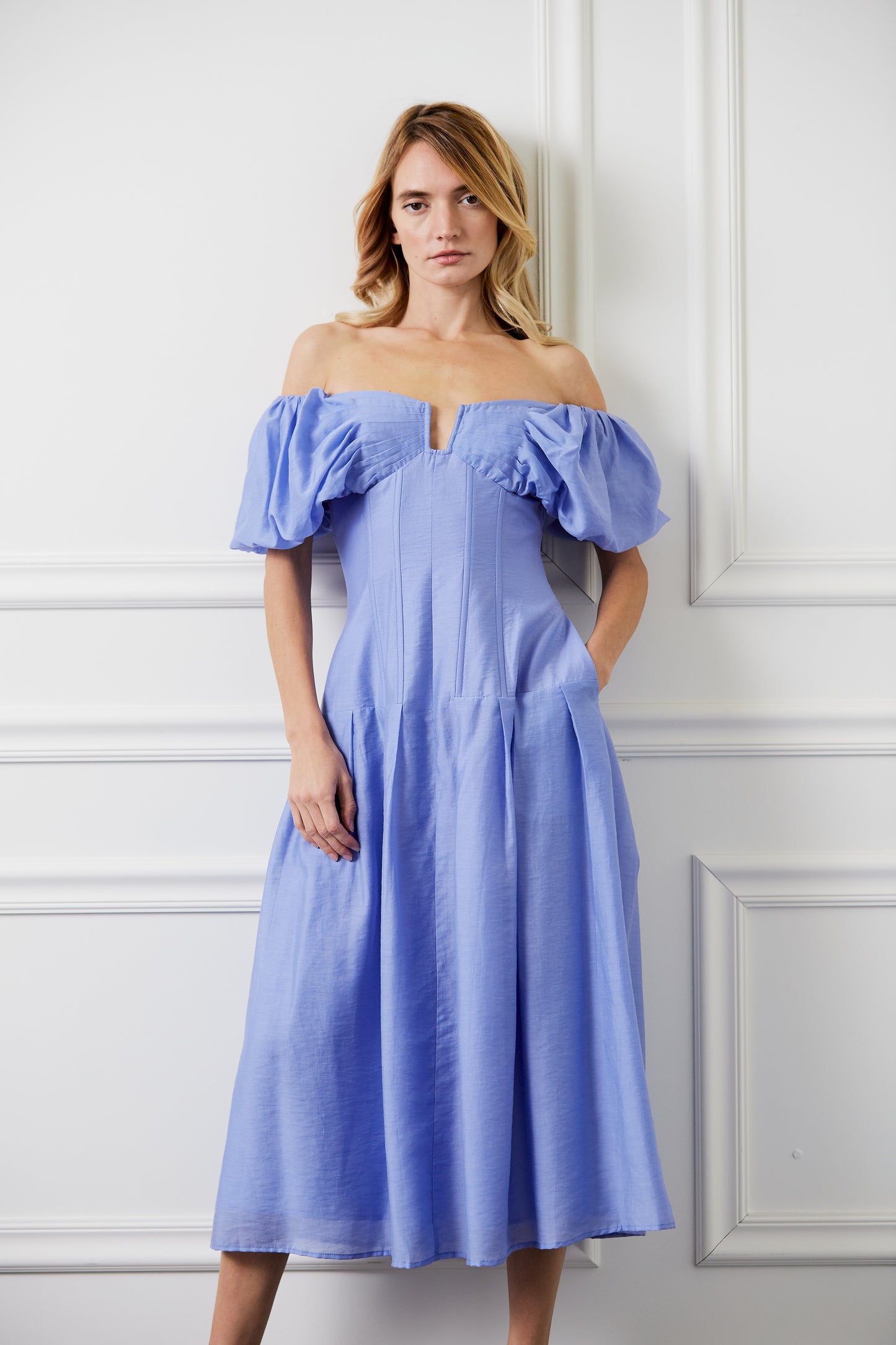 blue off the shoulder puff sleeve dress Sheer Smoky Blue Beaded Floral Applique Gown with Off-Shoulder Puff Sleeves