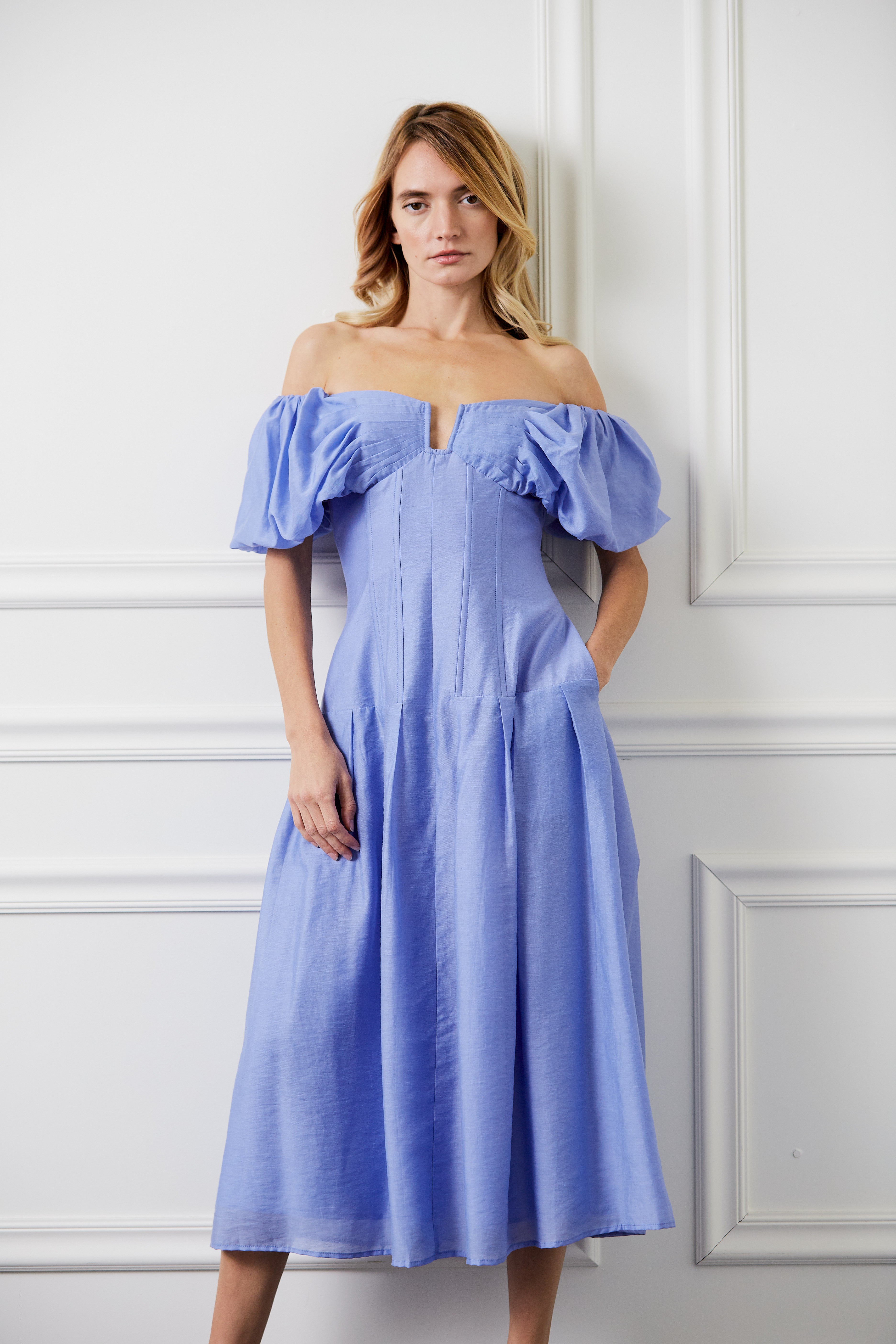 Lottie Puff Sleeve Off-Shoulder Midi Dress