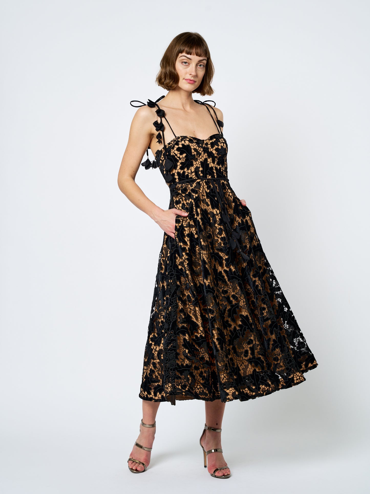 Laurina Velvet Lace Bustier Midi Dress