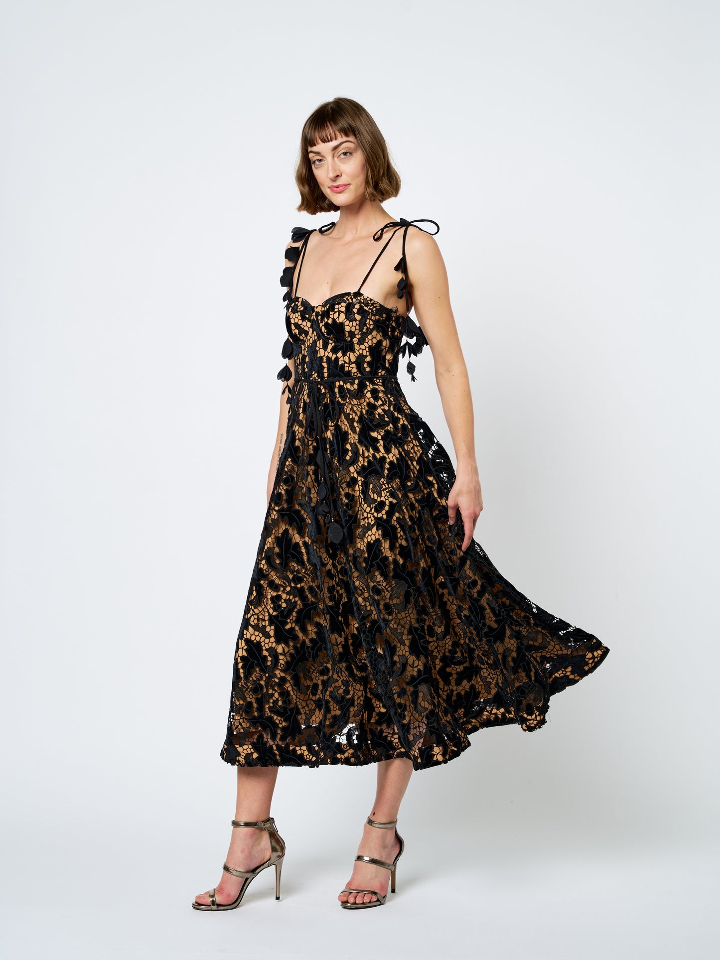 Laurina Velvet Lace Bustier Midi Dress