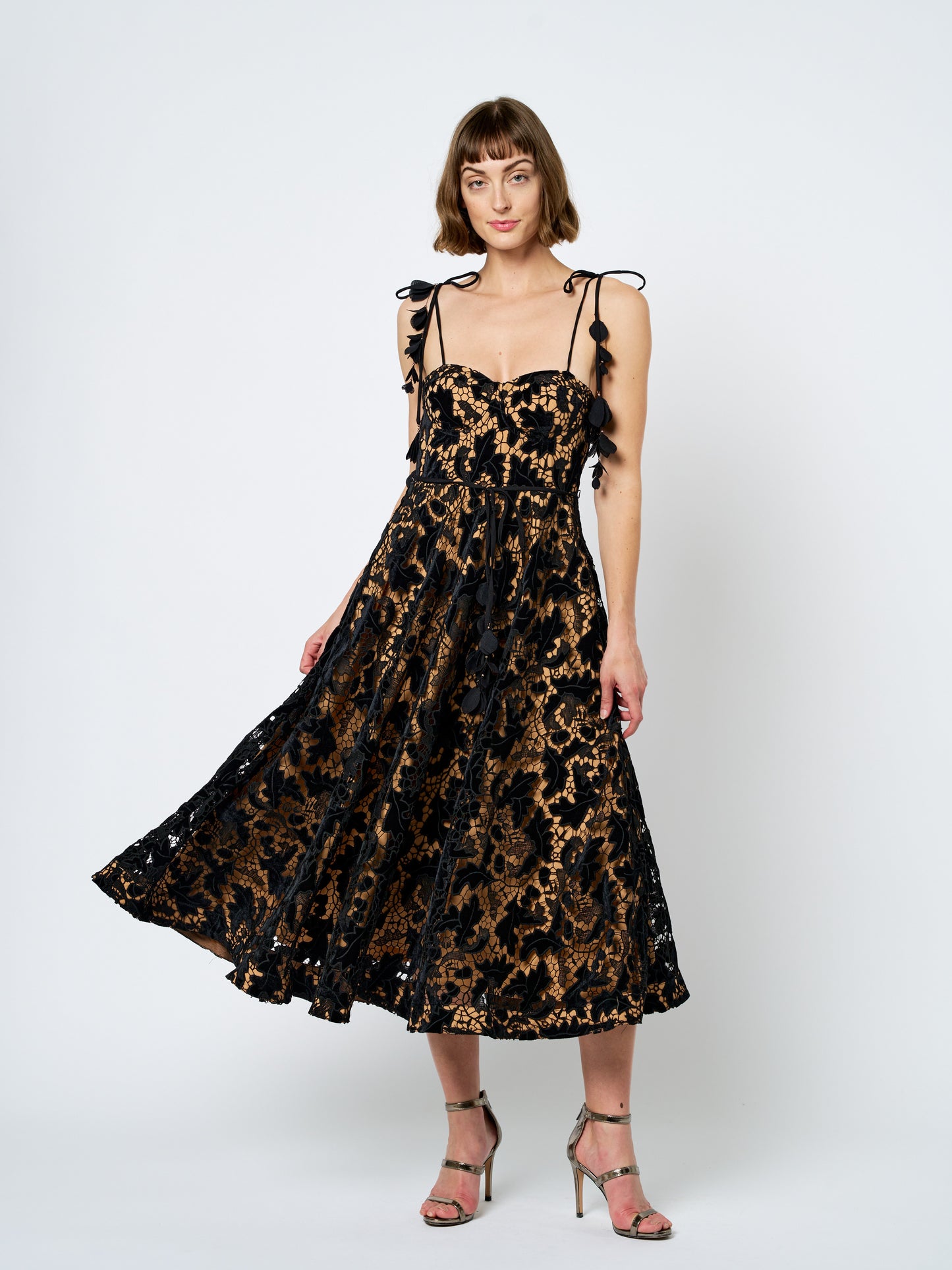 Laurina Velvet Lace Bustier Midi Dress