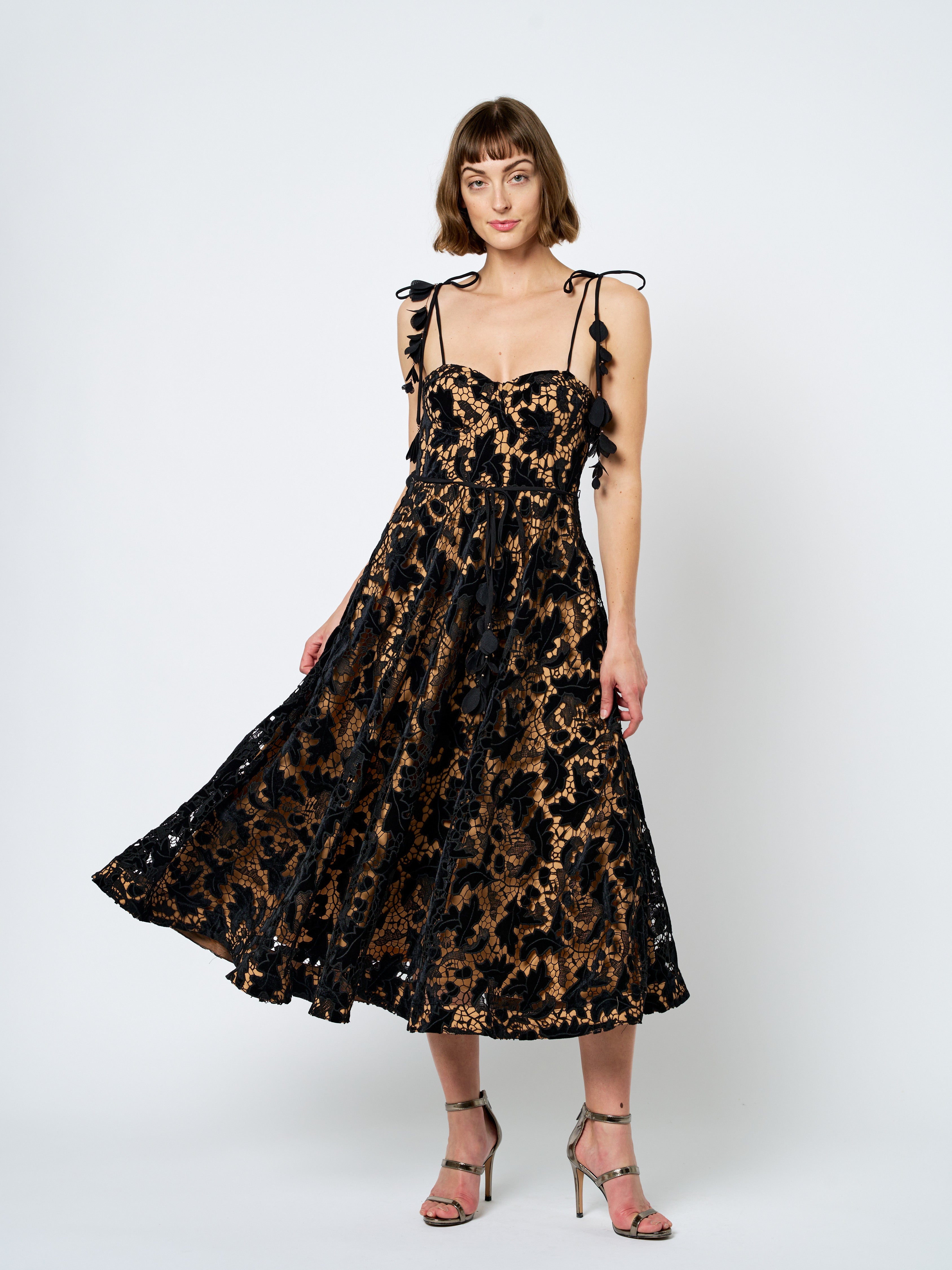 Laurina Velvet Lace Bustier Midi Dress