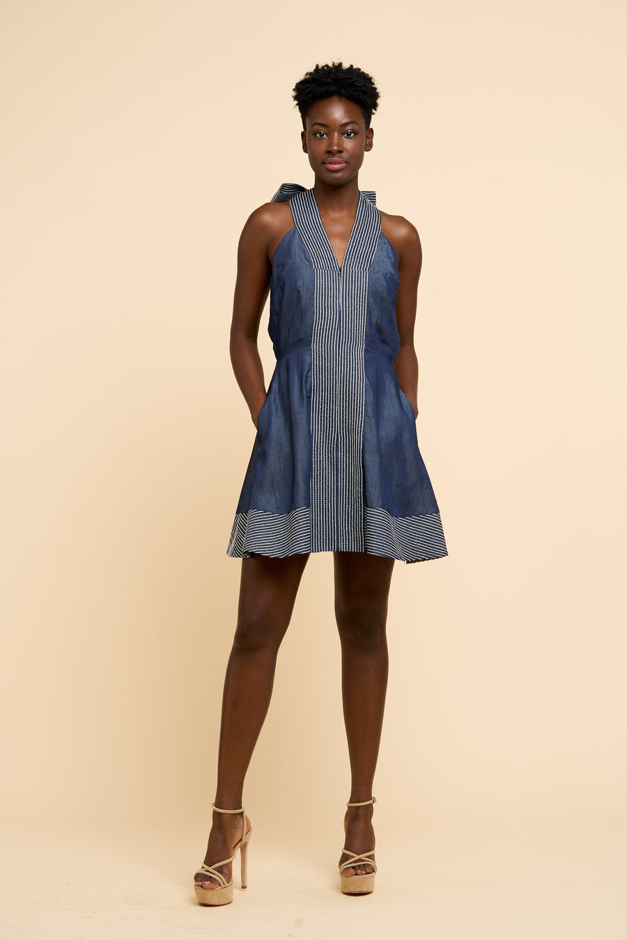 ADHARA DENIM MINI DRESS WITH CONTRAST EMBROIDERY