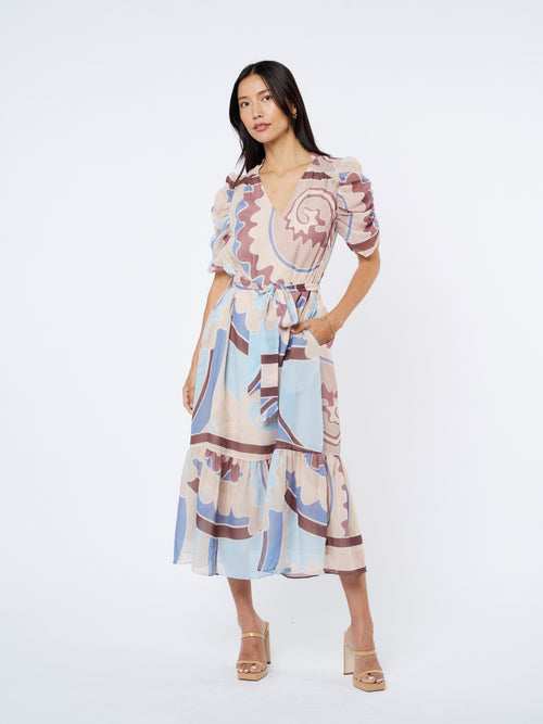 Cargar la imagen 1 en la vista de la galería. Merl Tie Waist Ruched Sleeve Midi Dress