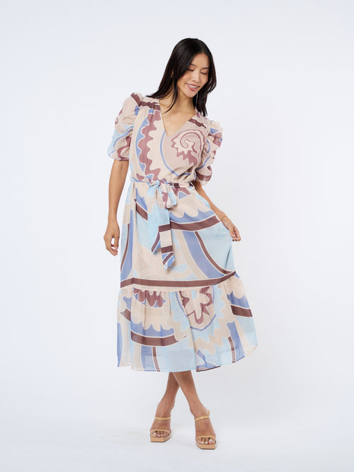 Cargar la imagen 1 en la vista de la galería. Merl Tie Waist Ruched Sleeve Midi Dress