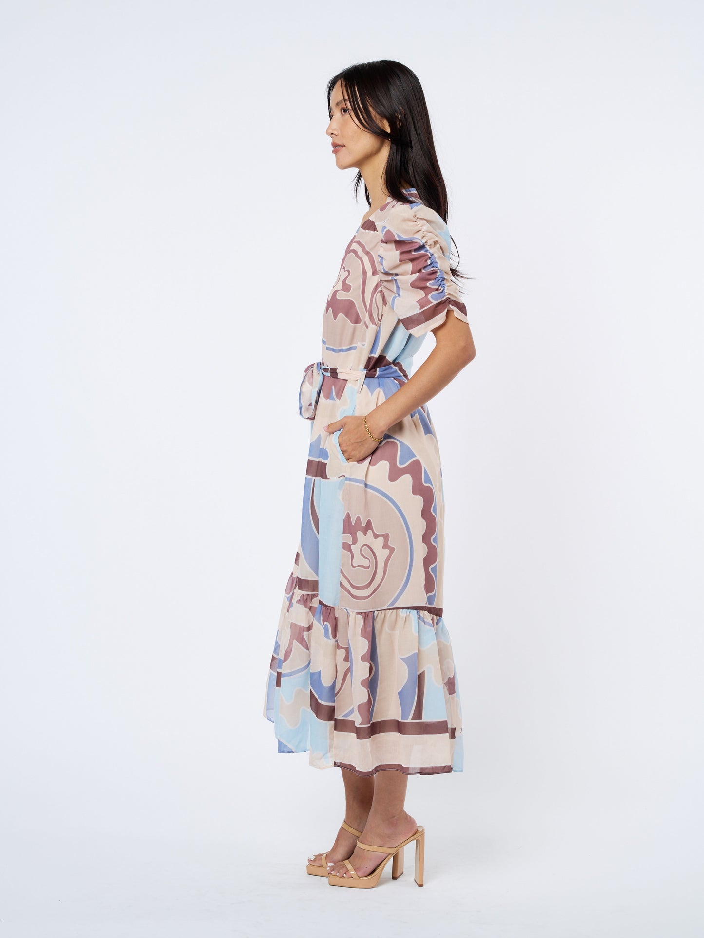 Merl Tie Waist Ruched Sleeve Midi Dress