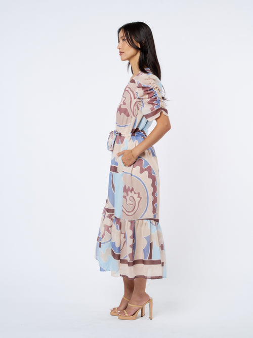 Cargar la imagen 1 en la vista de la galería. Merl Tie Waist Ruched Sleeve Midi Dress
