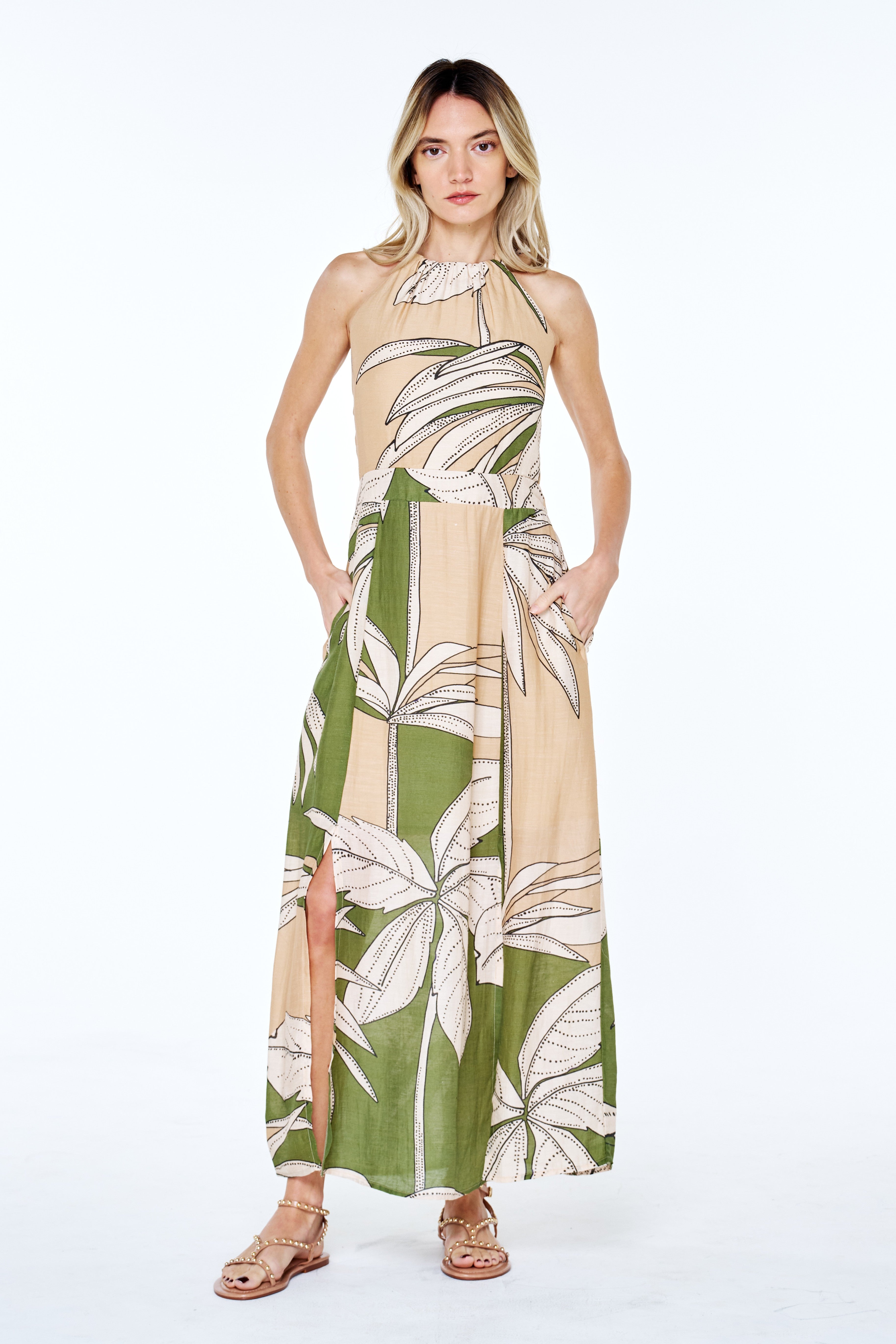 ciebon dresses Pleated Orange Satin Halter Dress, XS Adjustable straps Winona Geo Print Linen Blend