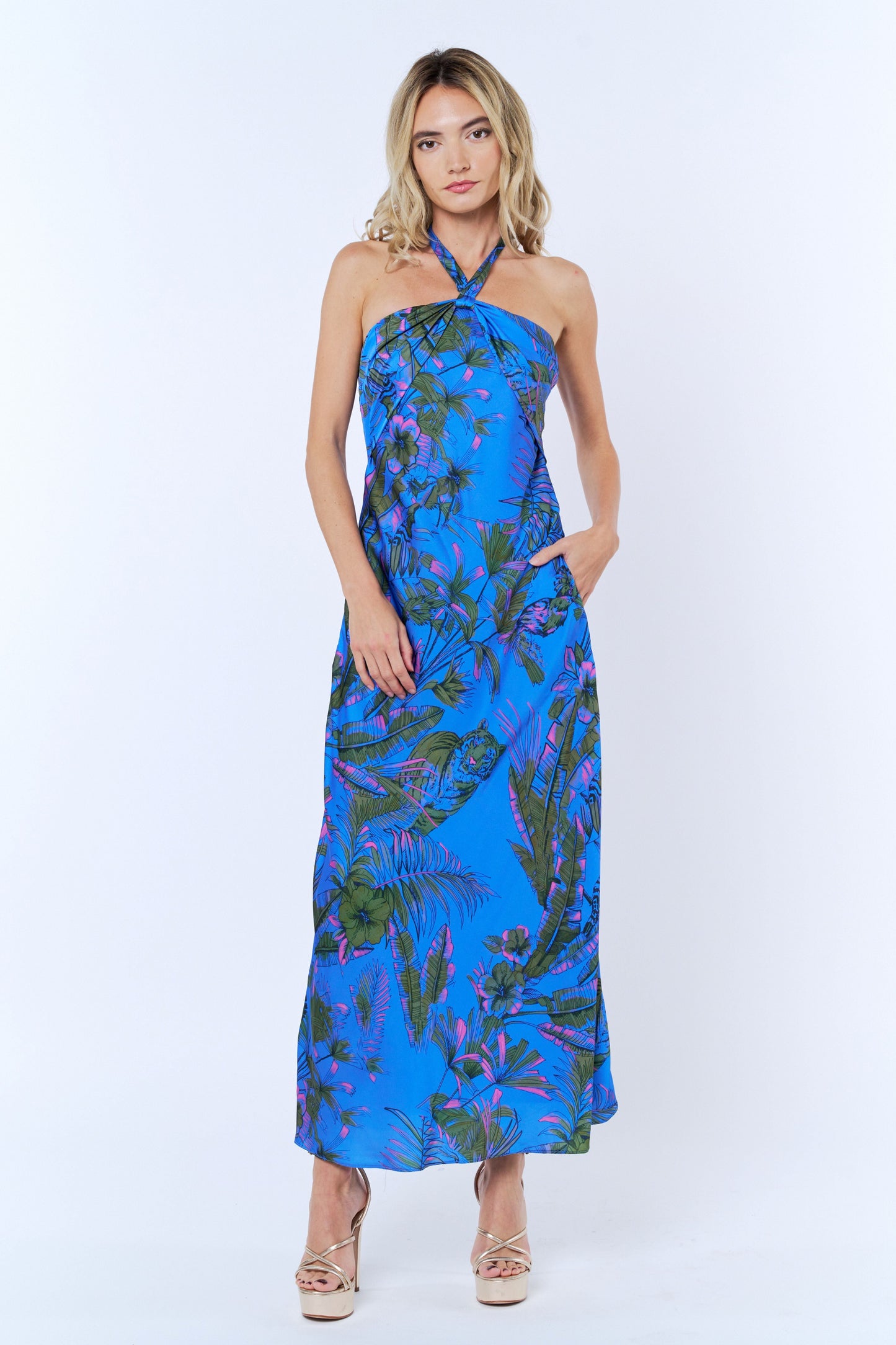 blue tropical dress Floral Off-Shoulder Smocked Bodice Summer Maxi Floral / S comfortable empire waist Thats So Fetch | Solem