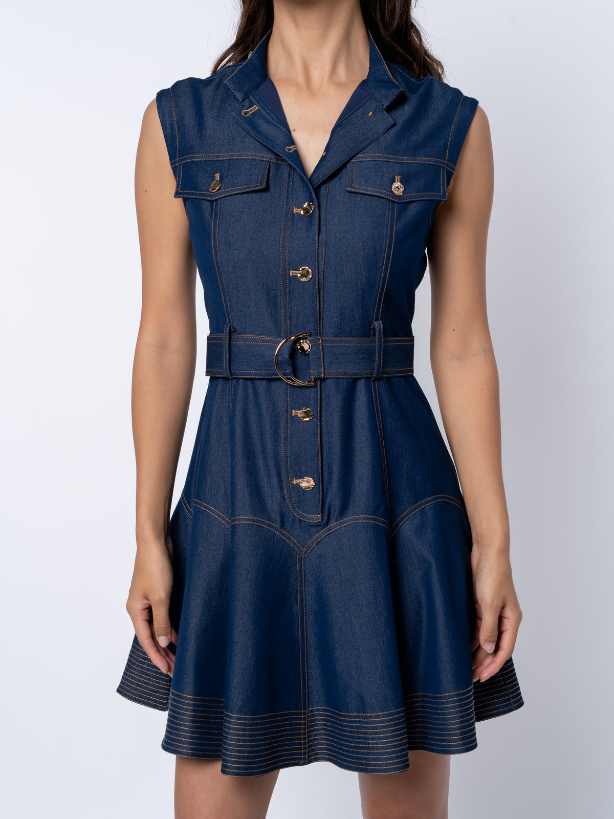 Vita Belted Sleeveless Denim Mini Dress
