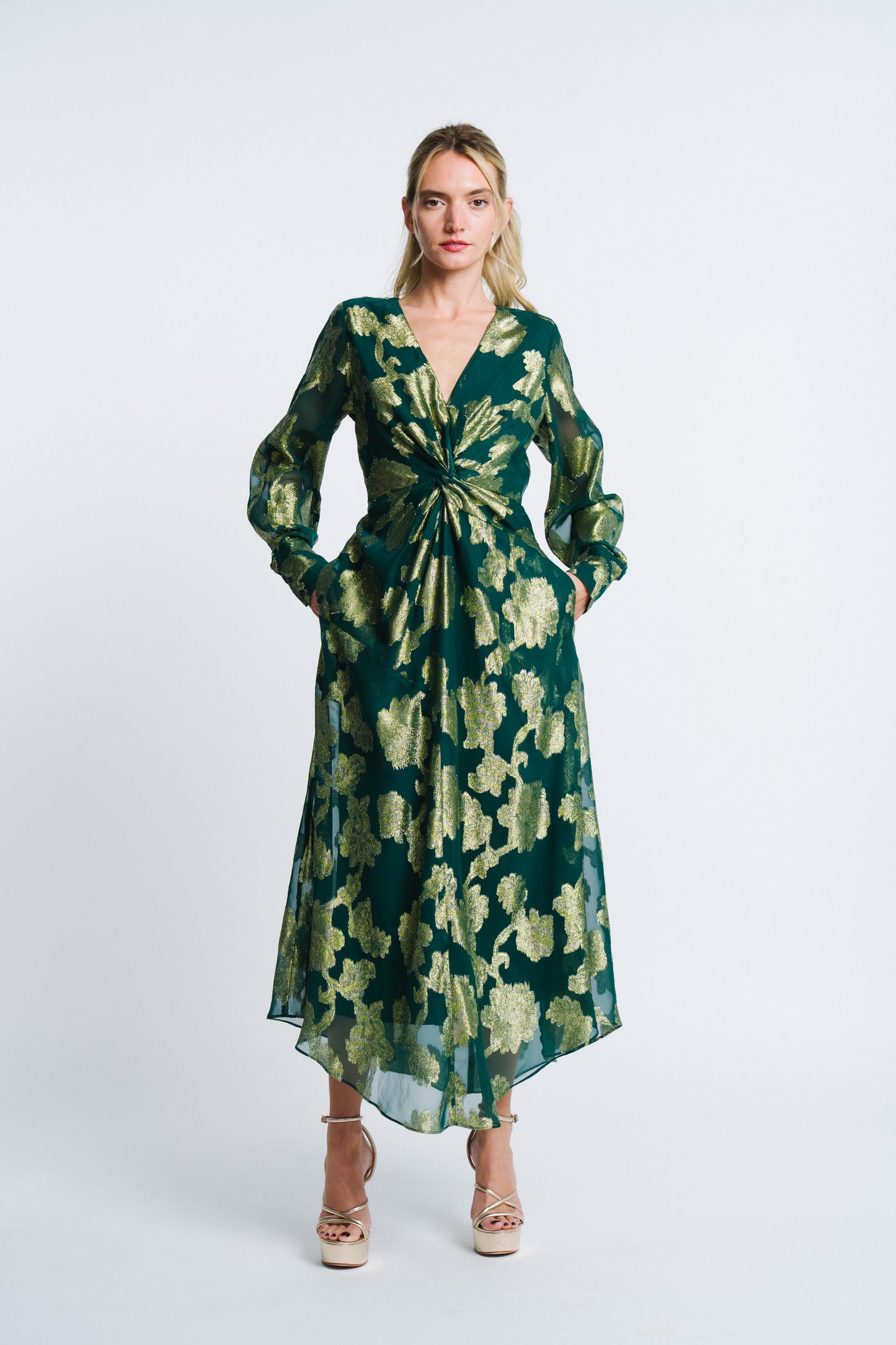 Devyn Metallic Chiffon Twist Front Maxi Dress