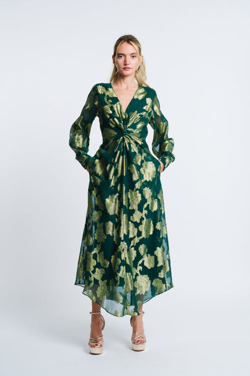 Load image 1 in gallery view. Devyn Metallic Chiffon Twist Front Maxi Dress