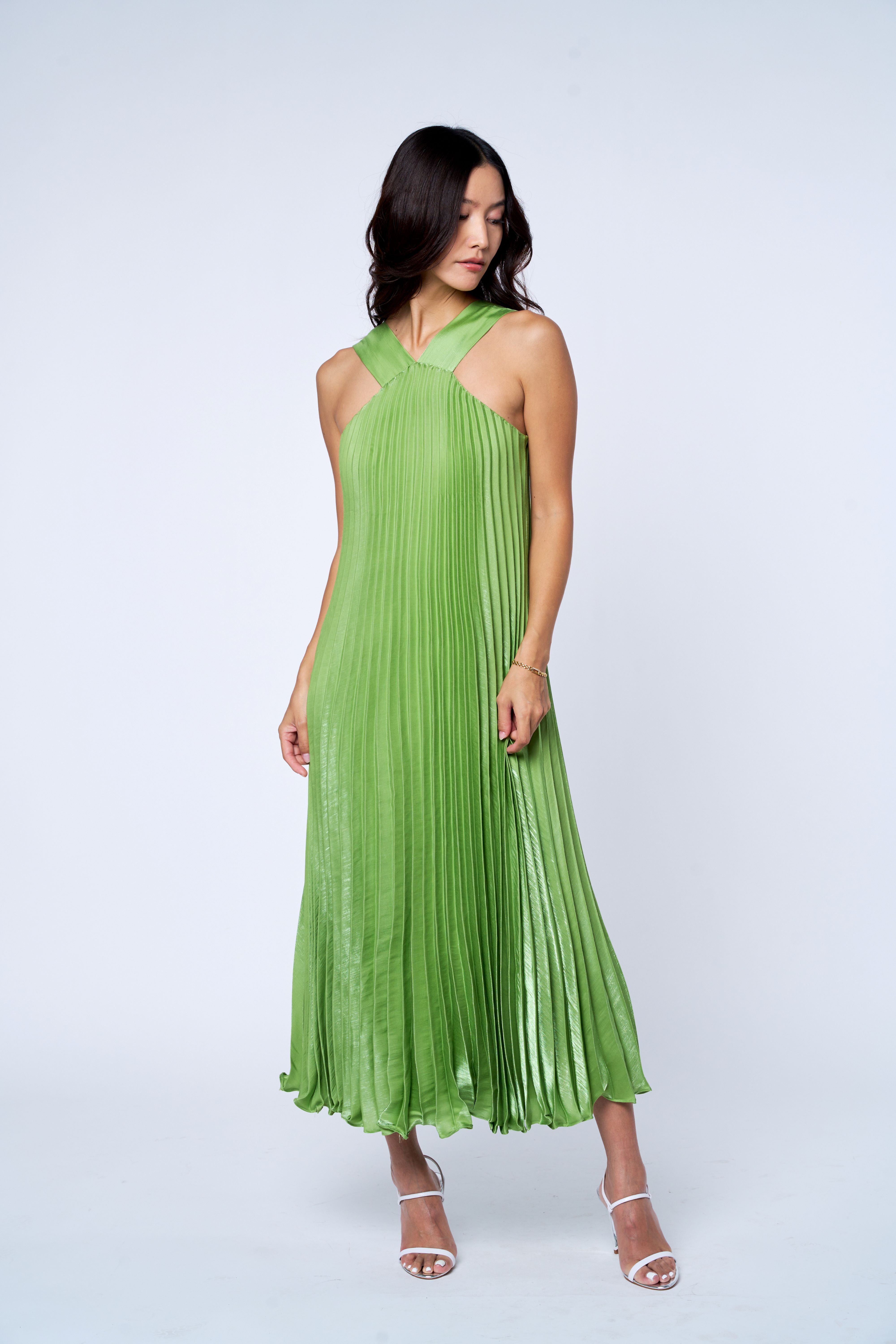 Melisa Pleated Satin Halter Dress