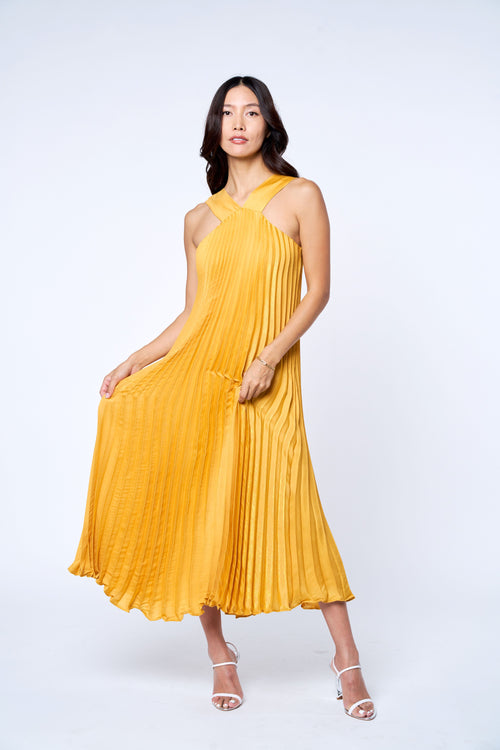 Load image 1 in gallery view. Mellisa Pleated Satin Halter Dress