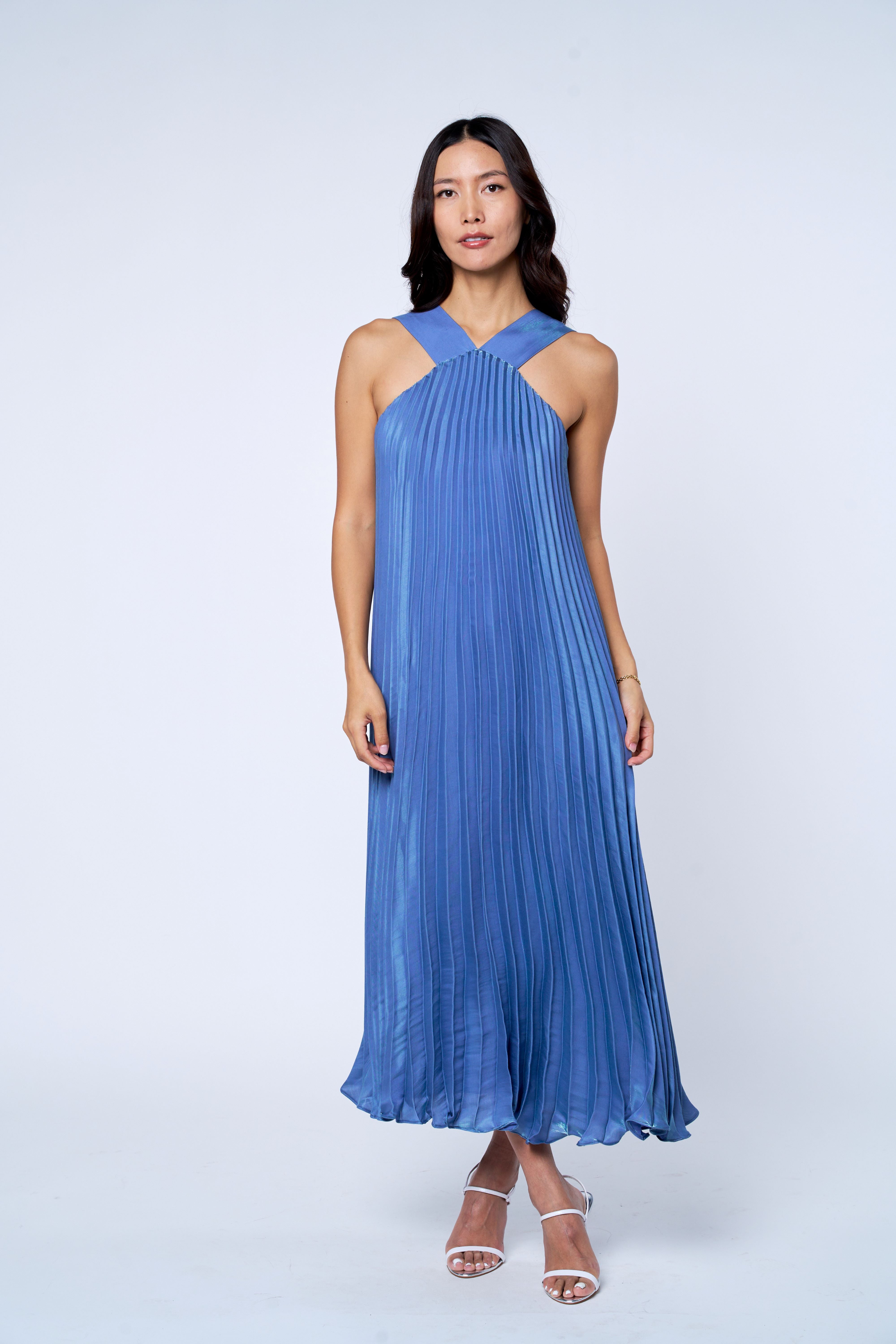 Melisa Pleated Satin Halter Dress