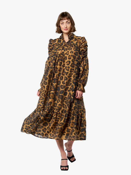 Cargar la imagen 1 en la vista de la galería. Daphne Ruched Sleeve Animal Print Midi Dress
