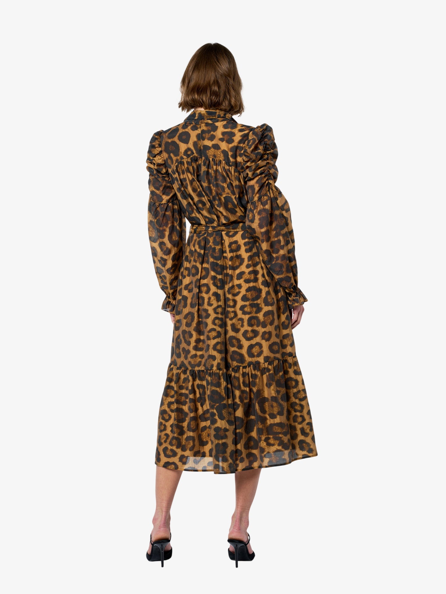 Daphne Ruched Sleeve Animal Print Midi Dress