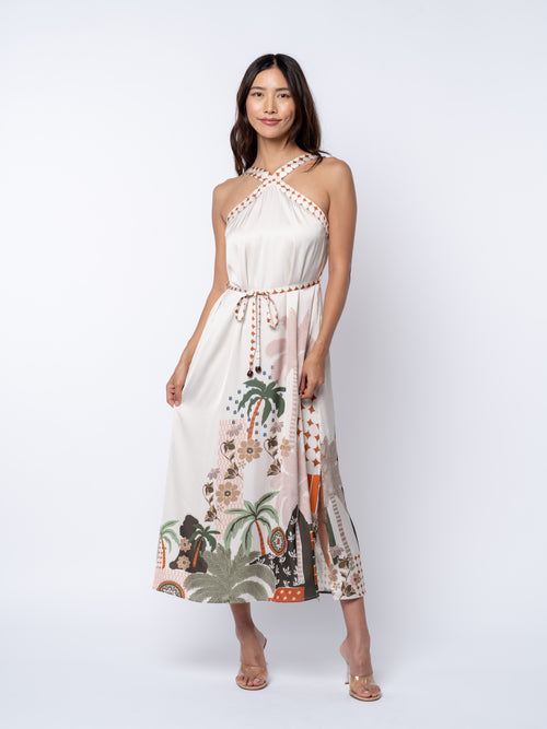 Load image 1 in gallery view. Pricella Botanical Print	Halter Neck Midi Dress