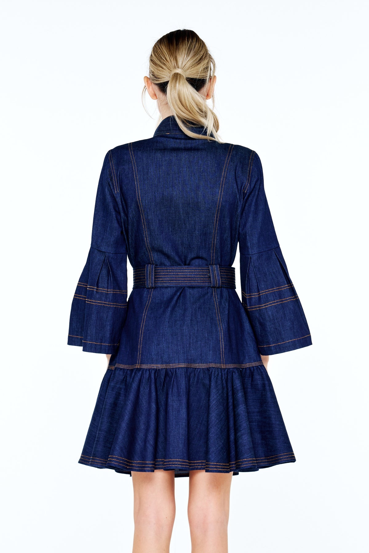 Roma Topstitched	Faux Denim Mini Dress