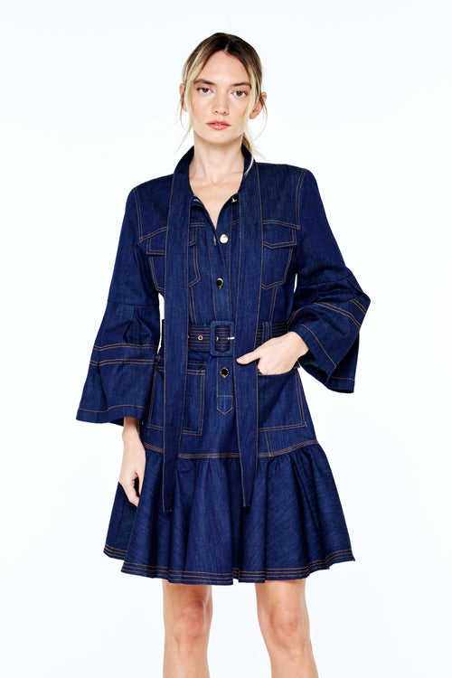 Load image 1 in gallery view. Roma Topstitched	Faux Denim Mini Dress
