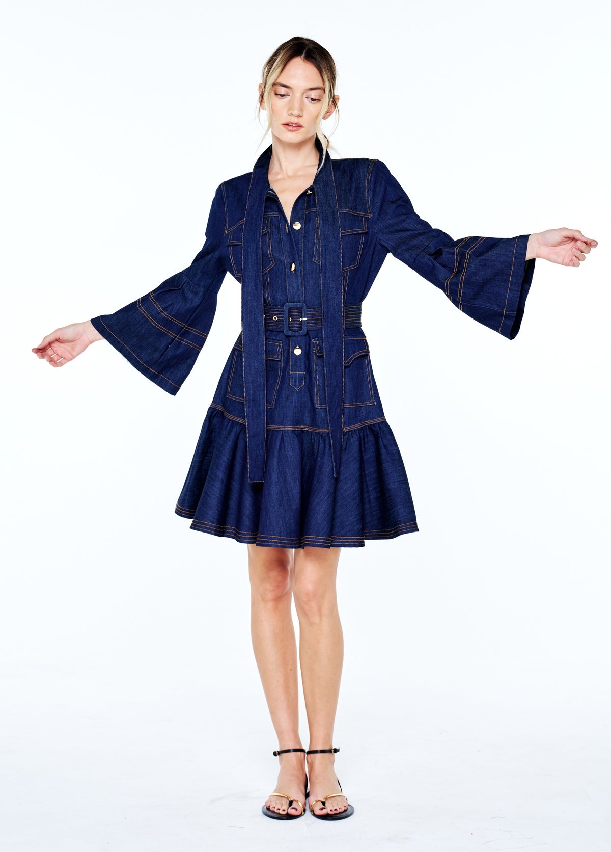 Roma Topstitched	Faux Denim Mini Dress