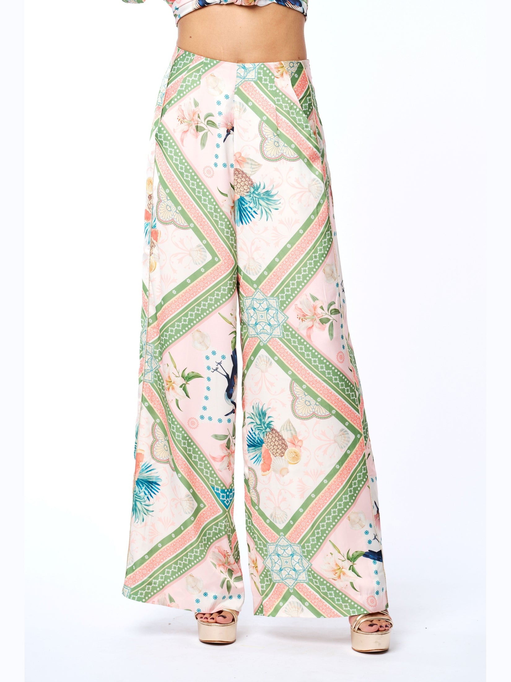 Anjella Botanical Print Wide Leg Pants