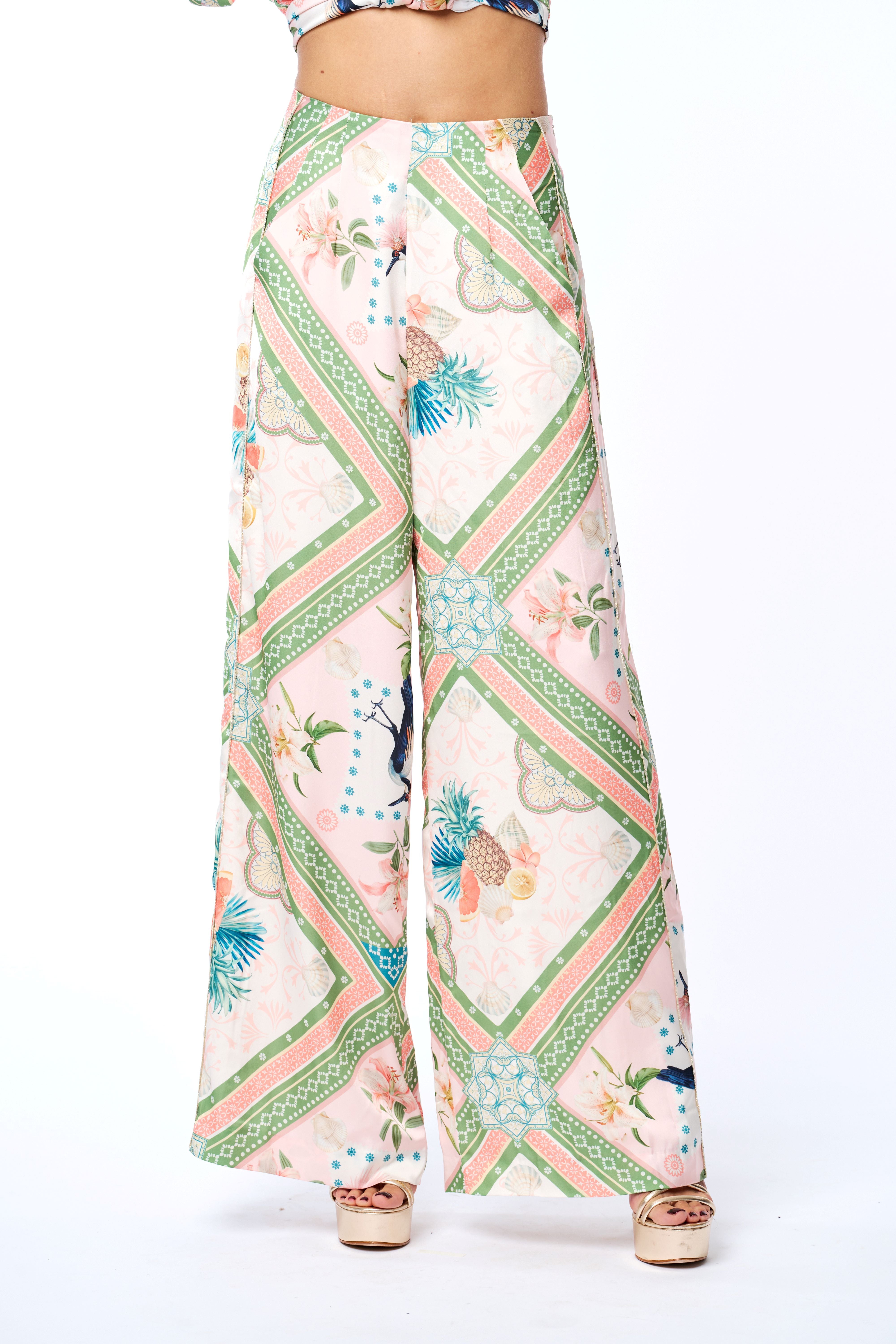 Anjella Botanical Print Wide Leg Pants